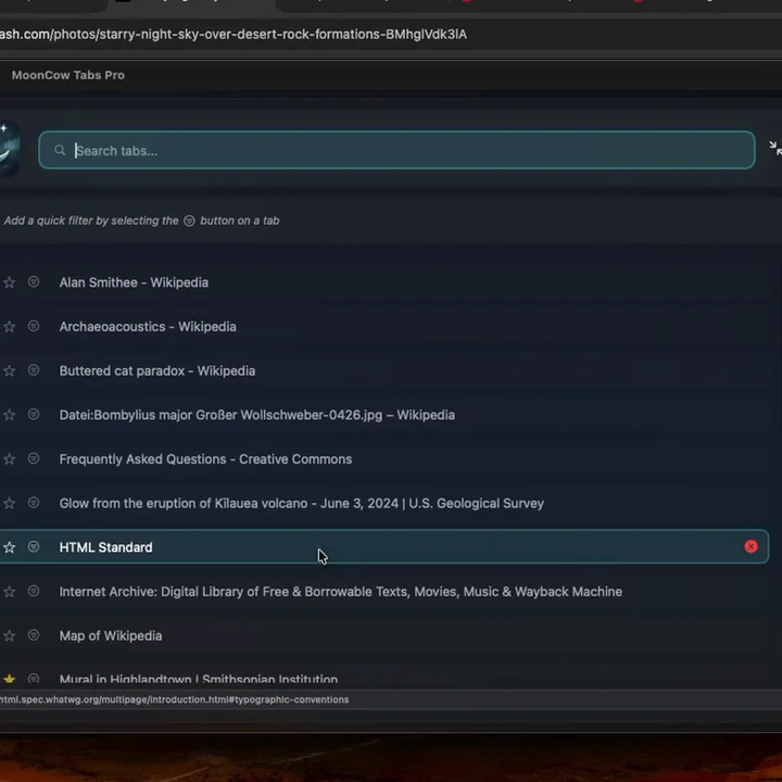 MoonCow Tabs overlay open over the desktop