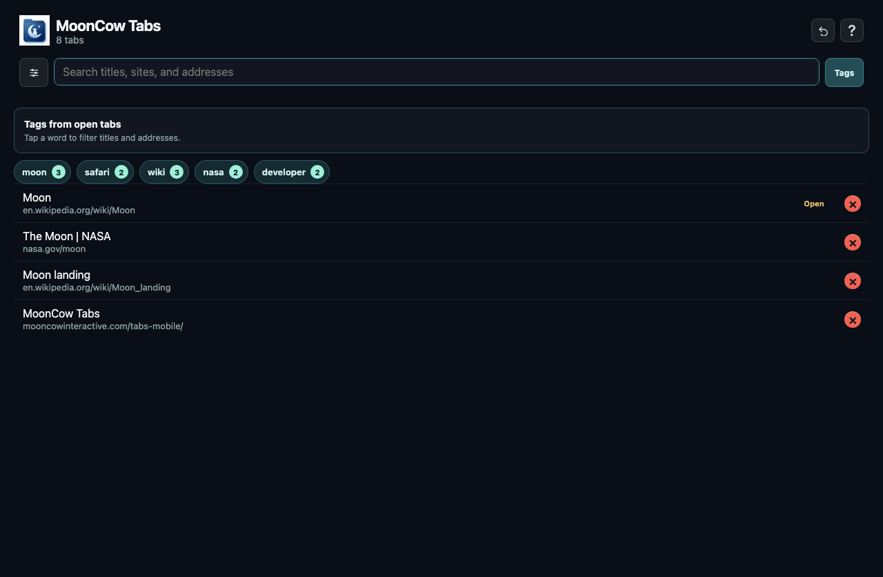Tags drawn from open tab titles and addresses
